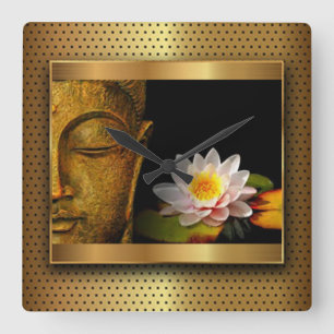 Relógio Quadrado Buddha Dourado com flor de Lotus