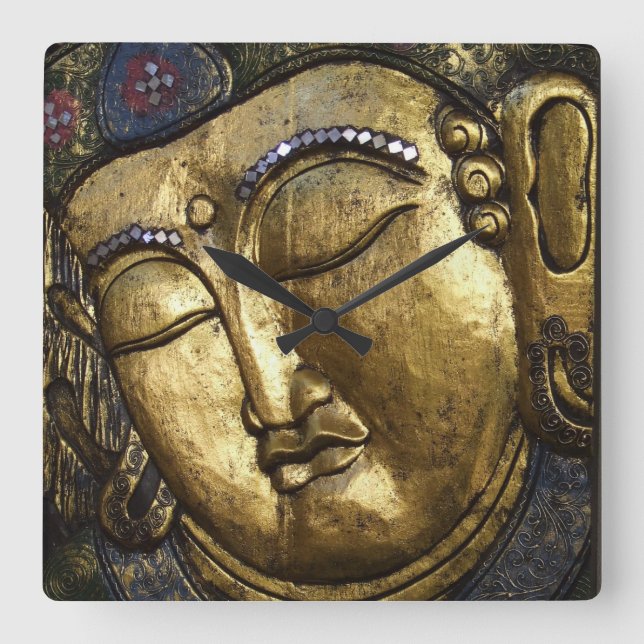 Relógio Quadrado Buddha dourado que abençoa o amor inspirado (Frente)