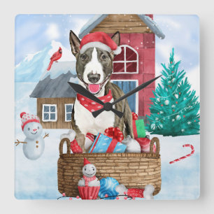 Relógio Quadrado Bull Terrier Cachorro Na neve Casa de Natal para C