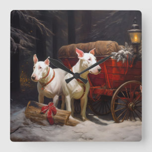 Relógio Quadrado Bull Terrier Nevado Trenó Natal Decoração