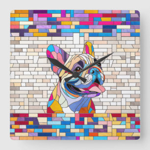 Relógio Quadrado Bulldog Francês - Frenchie - mosaico colorido