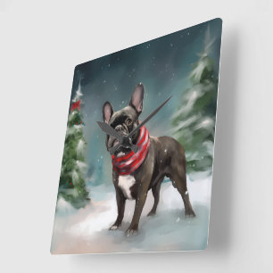 Relógio Quadrado Bulldog Francês na Neve Natal