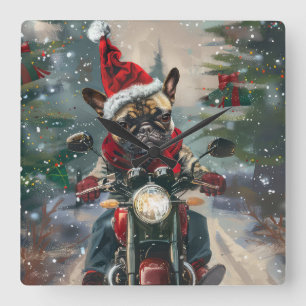 Relógio Quadrado Bulldog Francês Pilotando Moto Natal