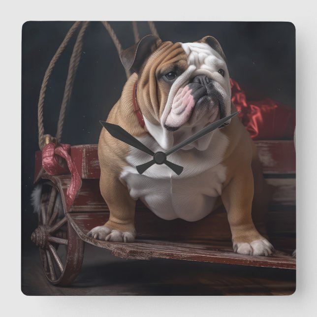 Relógio Quadrado Bulldog Snowy Sleigh Decência de Natal (Frente)
