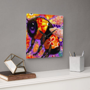 Relógio Quadrado Bumble Bumble Floral Vermelho Amarelo Roxo