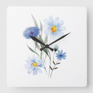 Relógio Quadrado Buquê Botânico de Flores Silvestres Azuis Aquare
