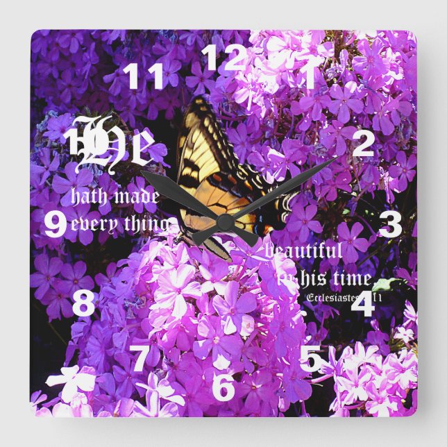 Relógio Quadrado Butterfly and Phlox with Ecclesiastes 3:11 (Frente)