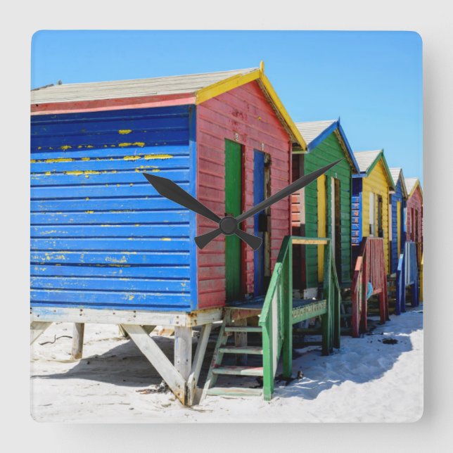 Relógio Quadrado Cabanas coloridas da praia (Frente)