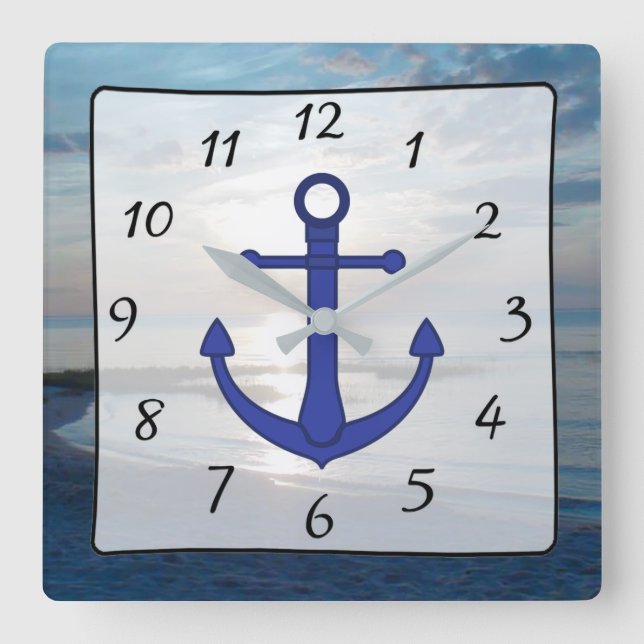 Relógio Quadrado Cabo Cod Sunset Ocean View Beach Anchor Clock (Frente)