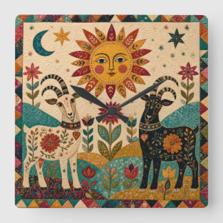 Relógio Quadrado Cabras Caprichosas Arte Folclórica