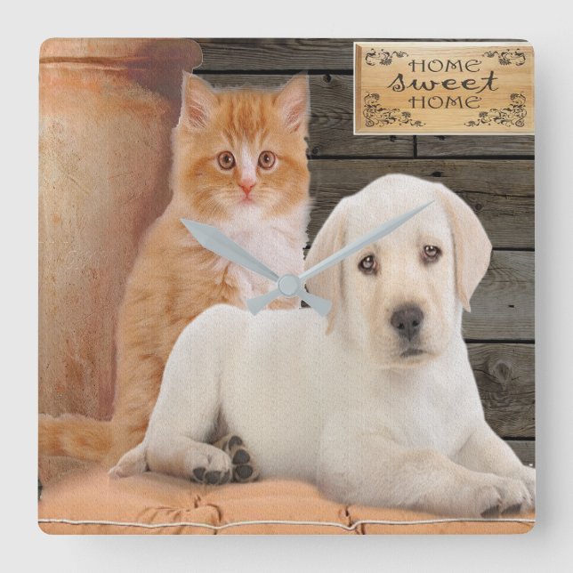 Relógio Quadrado   cachorrinho e gatinho (Frente)