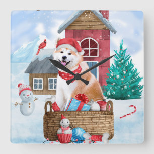 Relógio Quadrado Cachorro Akita na Casa de Natal na Neve