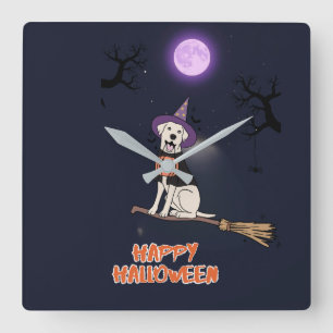 Relógio Quadrado Cachorro ao Luar – Cão de Halloween com Chapéu de 
