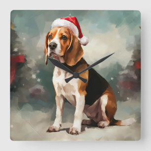 Relógio Quadrado Cachorro Beagle na Neve Natal