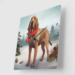 Relógio Quadrado Cachorro Bloodhound na Neve Natal