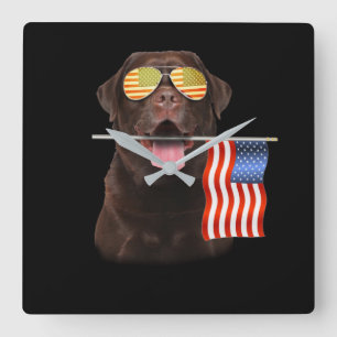 Relógio Quadrado Cachorro Chocolate Labrador EUA Bandeira America