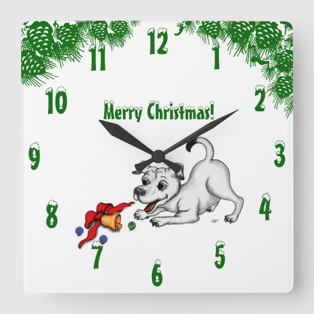 Relógio Quadrado Cachorro com Bell e Ball, Feliz Natal! (Frente)