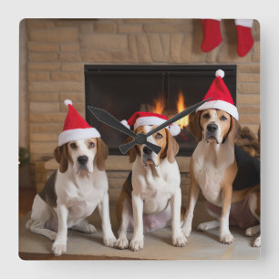 Relógio Quadrado Cachorro de caça inglês americano Lareira Natal
