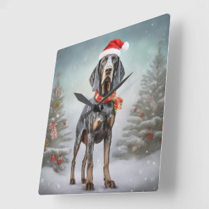 Relógio Quadrado Cachorro de Cachorro Bluetick no Natal da Neve