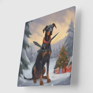 Relógio Quadrado Cachorro Doberman na neve de Natal 