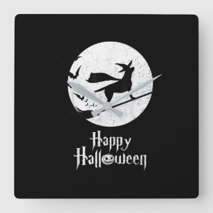 Relógio Quadrado Cachorro   Feliz Vassoura-de-bruxa do Halloween