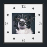 Relógio Quadrado Cachorro Fotográfico Personalizado Cachorro Lover<br><div class="desc">Um bonito relógio personalizado de foto de cachorro grande para o amante do cachorro! Adicione a foto mais carinhosa do seu cachorro. Olhos pegando com certeza! Estilo amigável por cães para a sala de banho ou lama onde você se prepara para caminhões!</div>