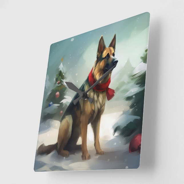 Relógio Quadrado Cachorro german shepherd no Natal da Neve (Ângulo)