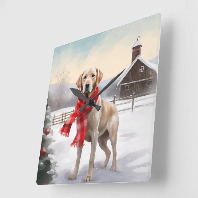 Relógio Quadrado Cachorro Labrador na Neve Natal (Ângulo)