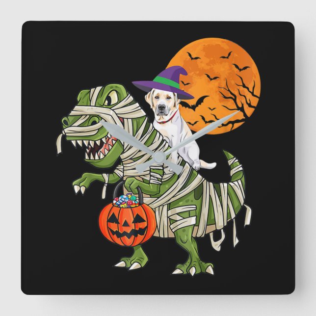 Relógio Quadrado Cachorro | Labrador Retriever Riding Mummy T Rex (Frente)