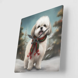 Relógio Quadrado Cachorro Malti Tzu na Neve Natal