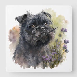 RELÓGIO QUADRADO CACHORRO NEGRO ADORÁVEL AFFENPINSCHER COM FLORES