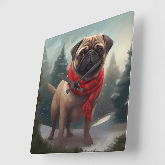 Relógio Quadrado Cachorro Pug na Neve Natal (Ângulo)