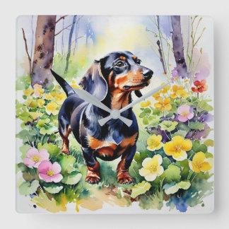 Relógio Quadrado Cachorro Salsicha Dachshund de Aguarela Floresta P