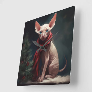 Relógio Quadrado Cachorro Sphynx na Neve Natal