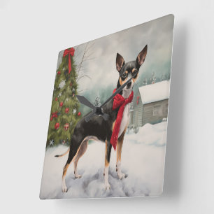 Relógio Quadrado Cachorro Terrier Rato na Neve Natal