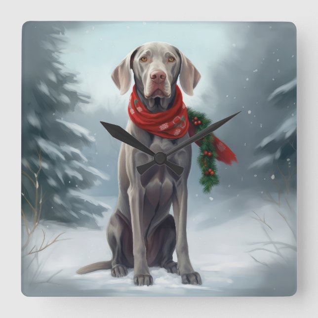 Relógio Quadrado Cachorro Weimaraner na Neve Natal (Frente)