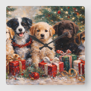 Relógio Quadrado Cachorros de Natal com Presentes sob a Árvore Deco