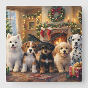 Relógio Quadrado Cachorros de Natal junto à Lareira e Árvore Decora
