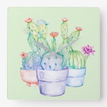 Cactus Flowers Coral Mint Green Watercolor Rosa