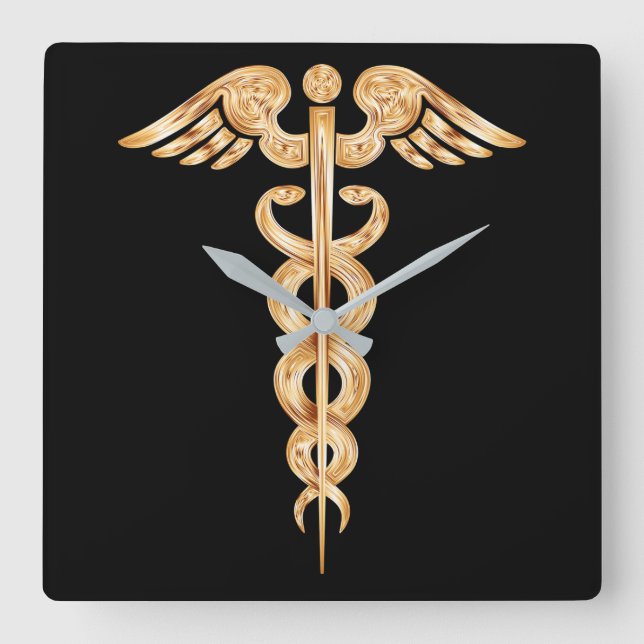 Relógio Quadrado Caduceus Black and Dourado Wall Clock (Frente)