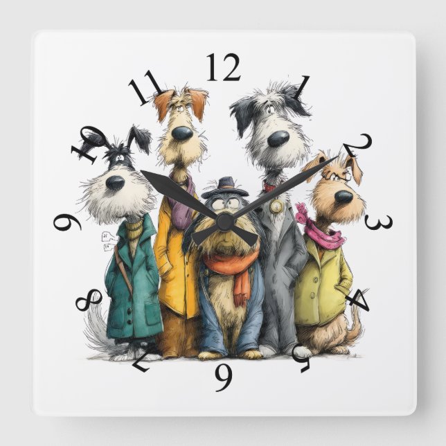 Relógio Quadrado Cães caprichosos (Frente)