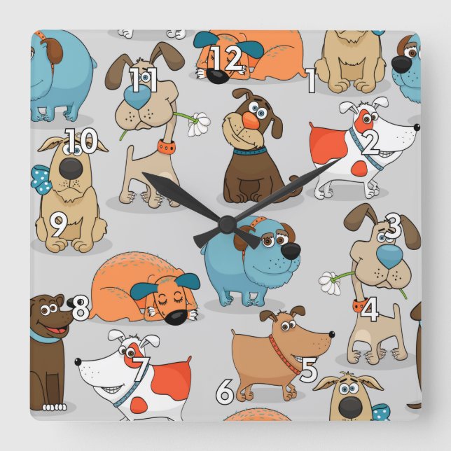 Relógio Quadrado Cães de desenho animado ou marrãs (Frente)