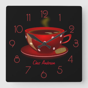 Relógio Quadrado Café Café Vermelho e Preto Personalizado