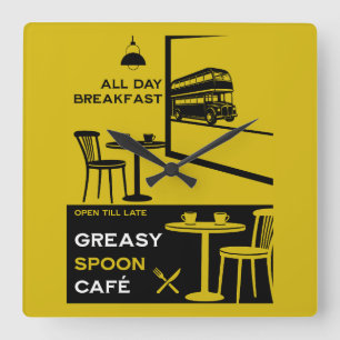 Relógio Quadrado Café da Manhã Inglês Greasy Spoon