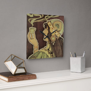 Relógio Quadrado Café Rajah Art Nouveau Vintage, Mulher com Café