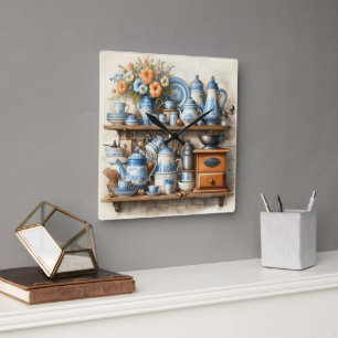 Relógio Quadrado Café Tempo Vintagem Café Conjunto Azul Branco