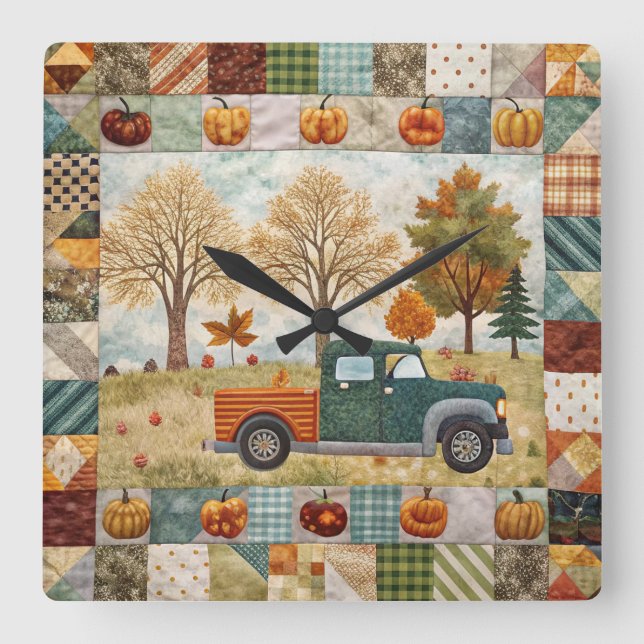 Relógio Quadrado Cair Pumpkin Pickup Truck Wall Clock (Frente)