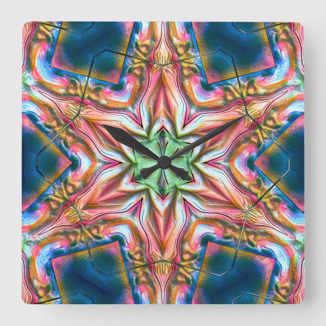 Relógio Quadrado Caleidoscópio estelar em textura áspera, salmão qu (Frente)