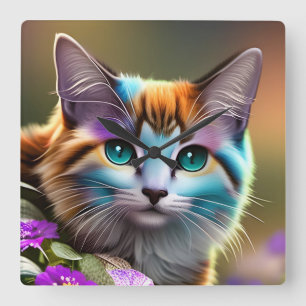 Relógio Quadrado Calico, flores, gata e flores azuis e ferrugem