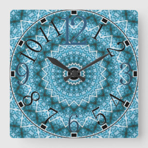 Relógio Quadrado Calidoscópio / Mandala Azul Claro